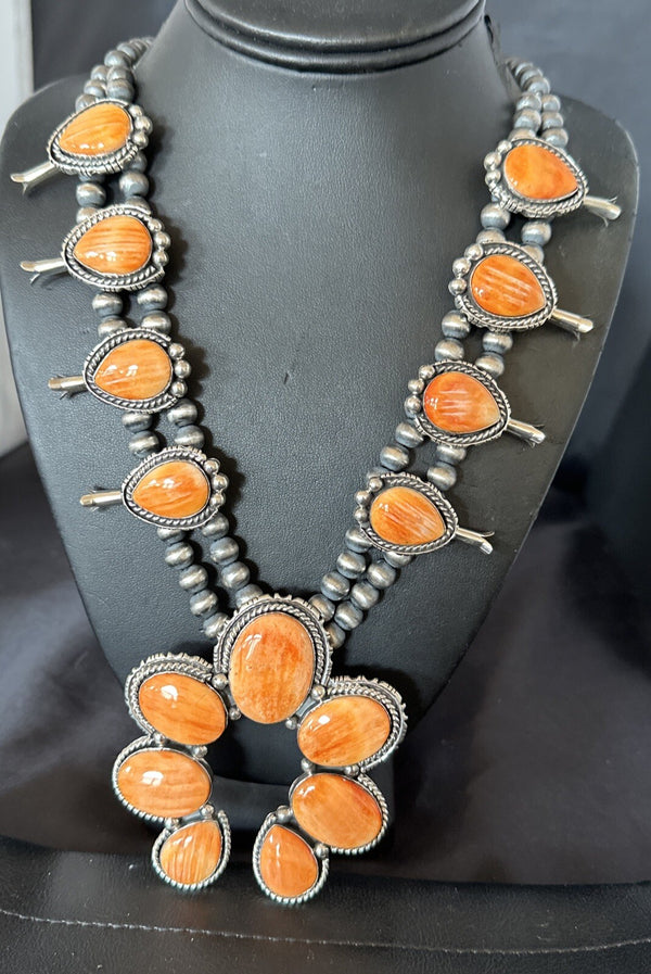 XL Orange Spiny Oyster Squash Blossom Necklace | Sterling Silver | Authentic Native American Handmade | 18134
