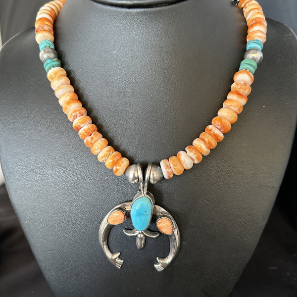 Blue Turquoise Spiny Oyster Naja Pendant Navajo Necklace | Sterling Silver | Authentic Native American Handmade | 14811