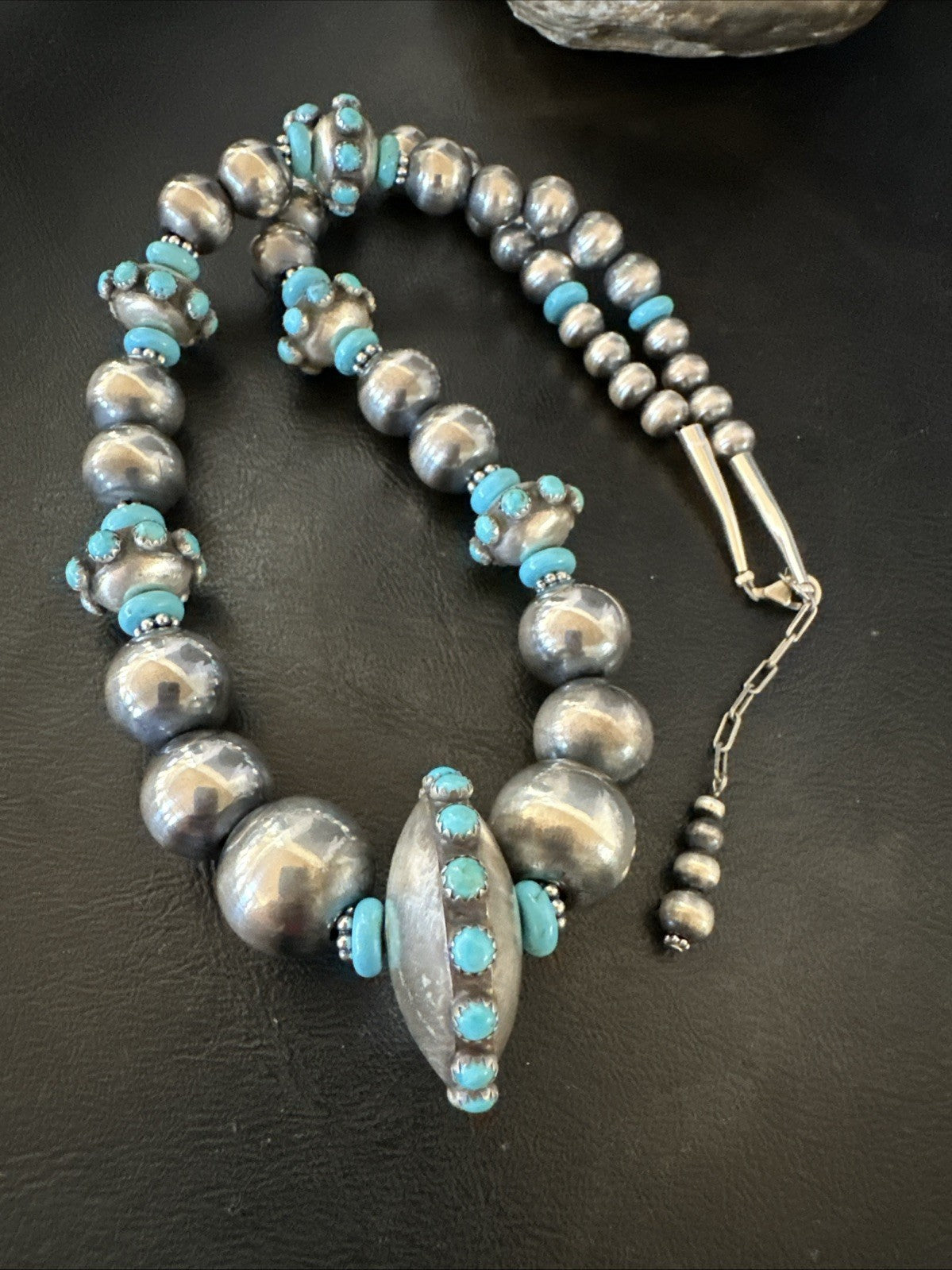 Navajo Pearls Blue Kingman Turquoise Sterling Silver Necklace 23” 19449