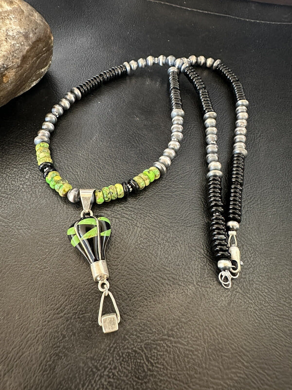 Balloon Green Turquoise Pendant Navajo Necklace 22" | Sterling Silver | Authentic Native American Handmade | 18342