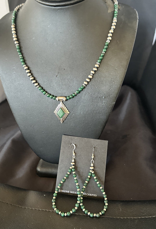 Women's Green Malachite Pendant Navajo Necklace Earrings | Sterling Silver | Authentic Native American Handmade | 18374