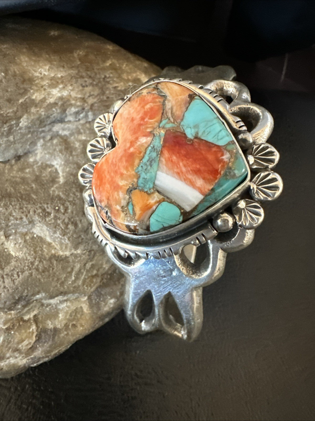 WoMens Tufa Heart Spiny Turquoise Navajo Silver Cuff Bracelet 7.6” 19457