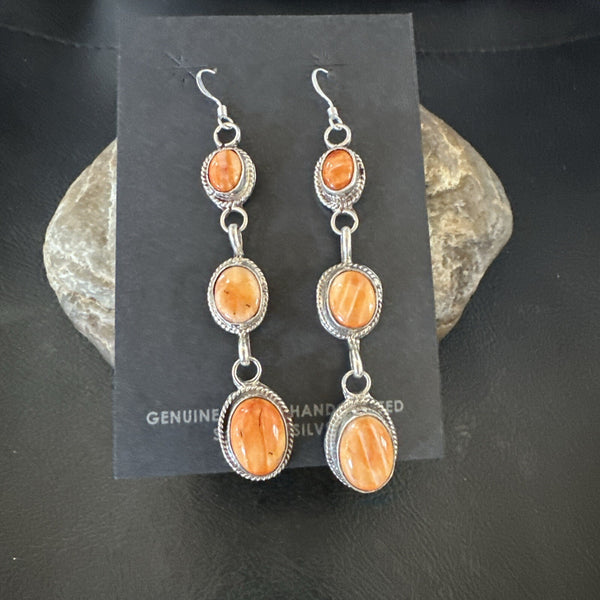 Navajo Orange Spiny Oyster Dangle Earrings | Sterling Silver | Authentic Native American Handmade | 1228