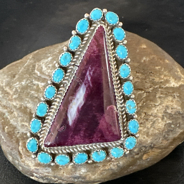 Statement Cluster Turquoise Purple Spiny Navajo Ring Sz 10 | Sterling Silver | Authentic Native American Handmade | 19103