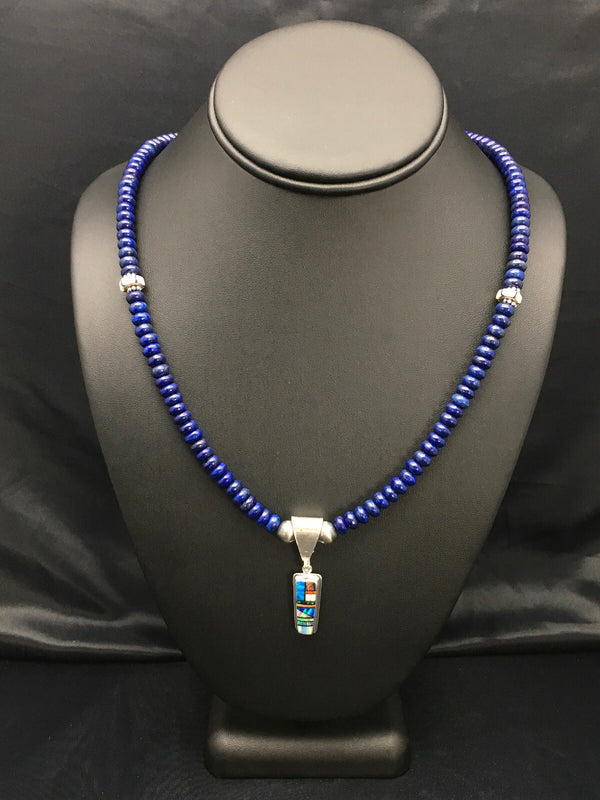 NAVAJO Necklace Lapis Opal Pendant Set 22" | Sterling Silver | Authentic Native American Handmade | 2907