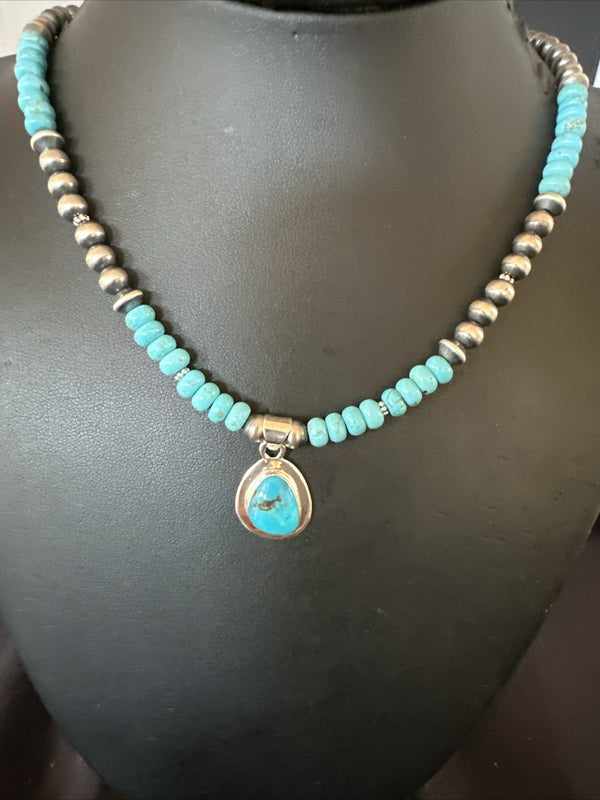Women's Blue Kingman Turquoise Pendant Navajo Necklace 21" | Sterling Silver | Authentic Native American Handmade | 17977