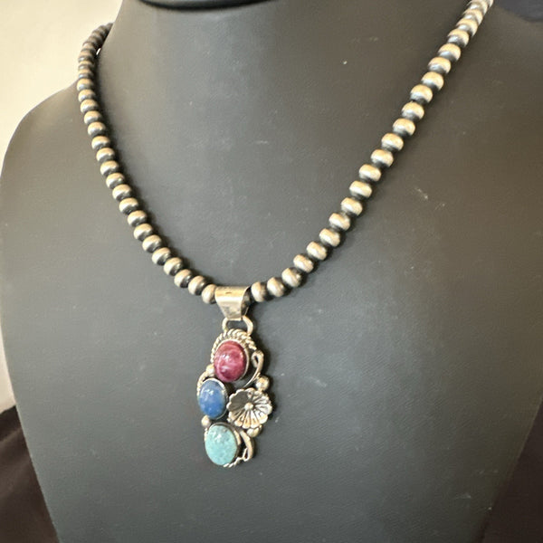 Multicolor Turquoise Spiny Navajo Cluster Pendant Necklace | Sterling Silver | Authentic Native American Handmade | 19312