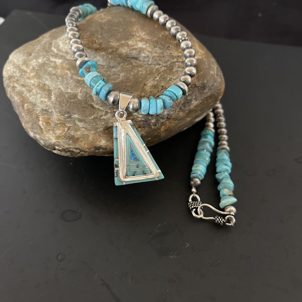 Turquoise Opal Inlay Pendant Navajo Pearls Necklace | Sterling Silver | Authentic Native American Handmade | 11330