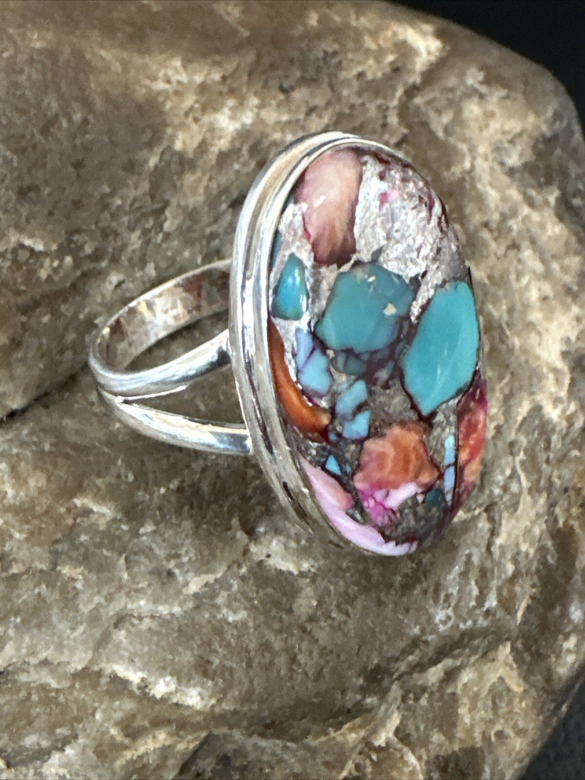 Blue Turquoise Purple Spiny Oyster Navajo Sterling Silver Ring Size 10 18206