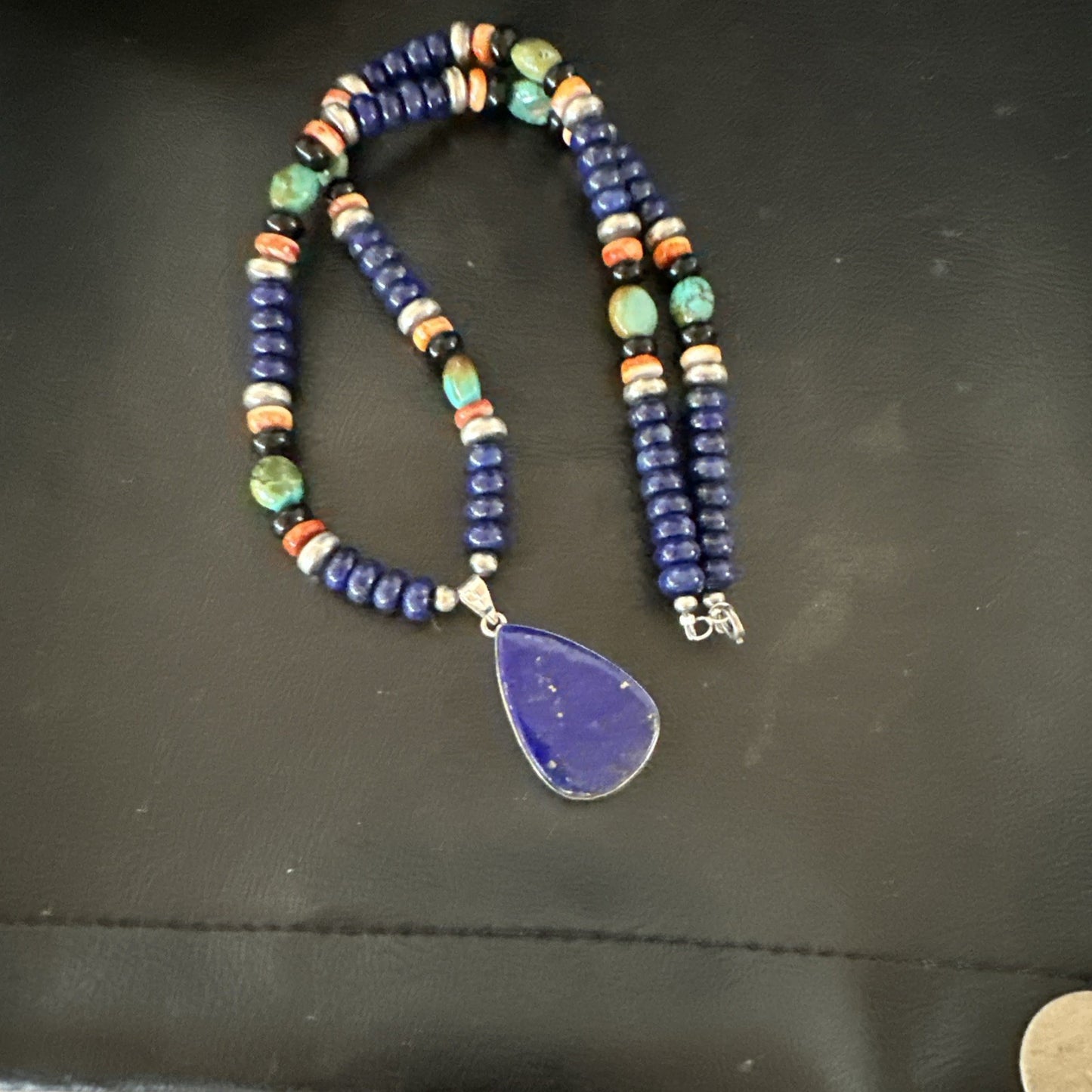 Lapis Turquoise Spiny Necklace Southwestern Sterling Silver Pendant 22” 19470