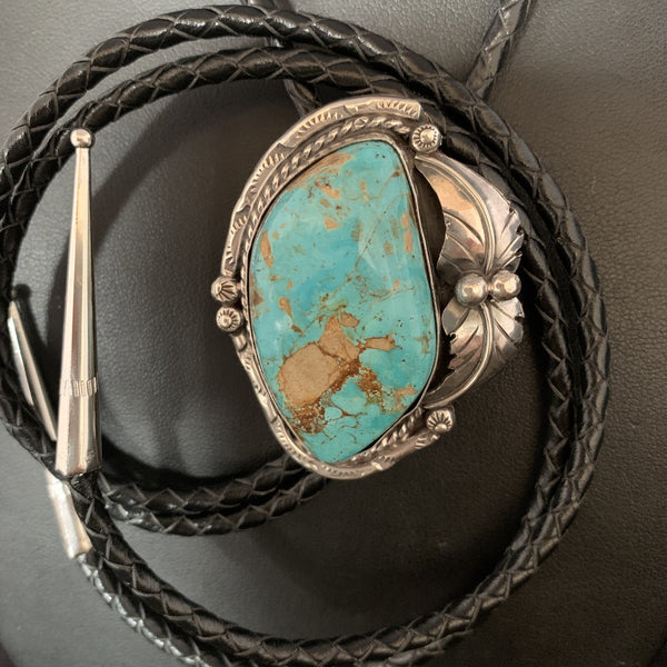 Men's Bolo Tie Blue Royston Turquoise Navajo 14111N | Sterling Silver | Authentic Native American Handmade