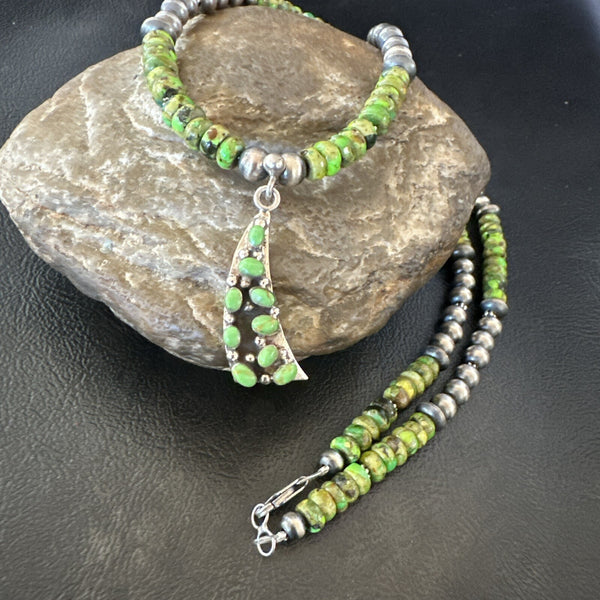 Women's Green Gaspeite Turquoise Pendant Navajo Necklace | Sterling Silver | Authentic Native American Handmade | 18369