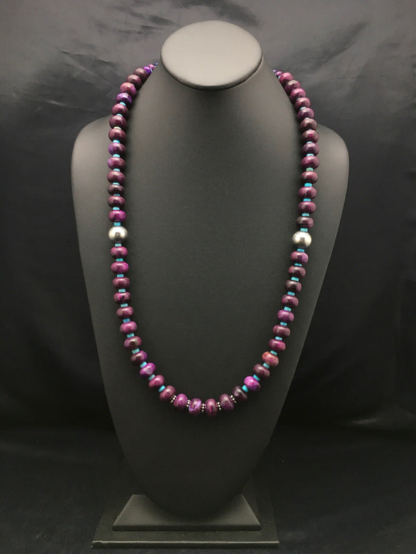 Purple Stone Turquoise Bead Navajo Necklace 27" | Sterling Silver | Authentic Native American Handmade | 04061