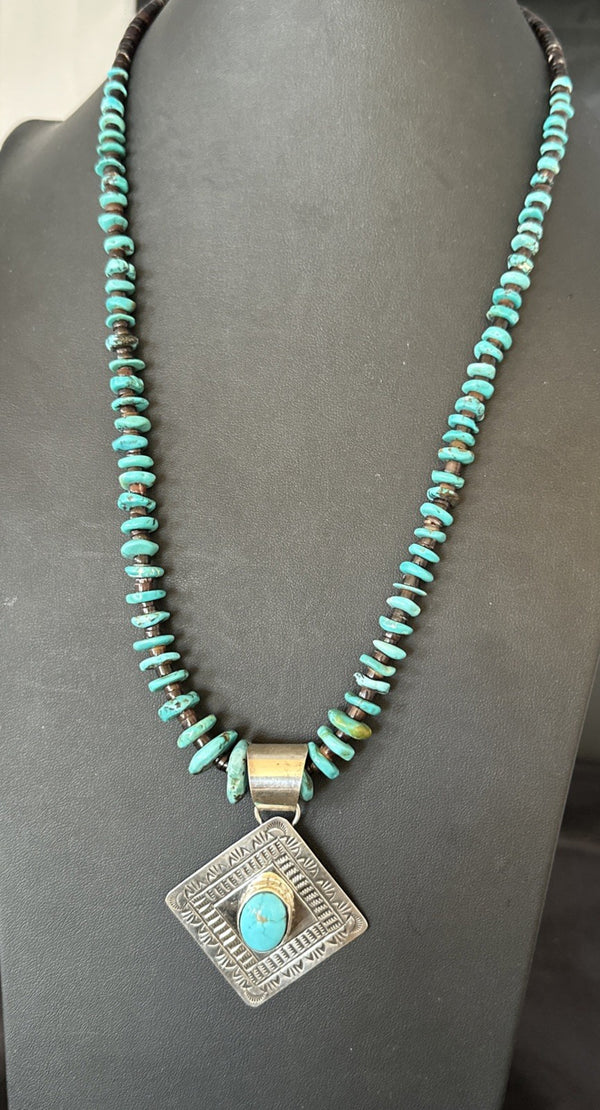 Navajo Blue Turquoise Stamped Pendant Shell 29"Necklace | Sterling Silver | Authentic Native American Handmade | 19704