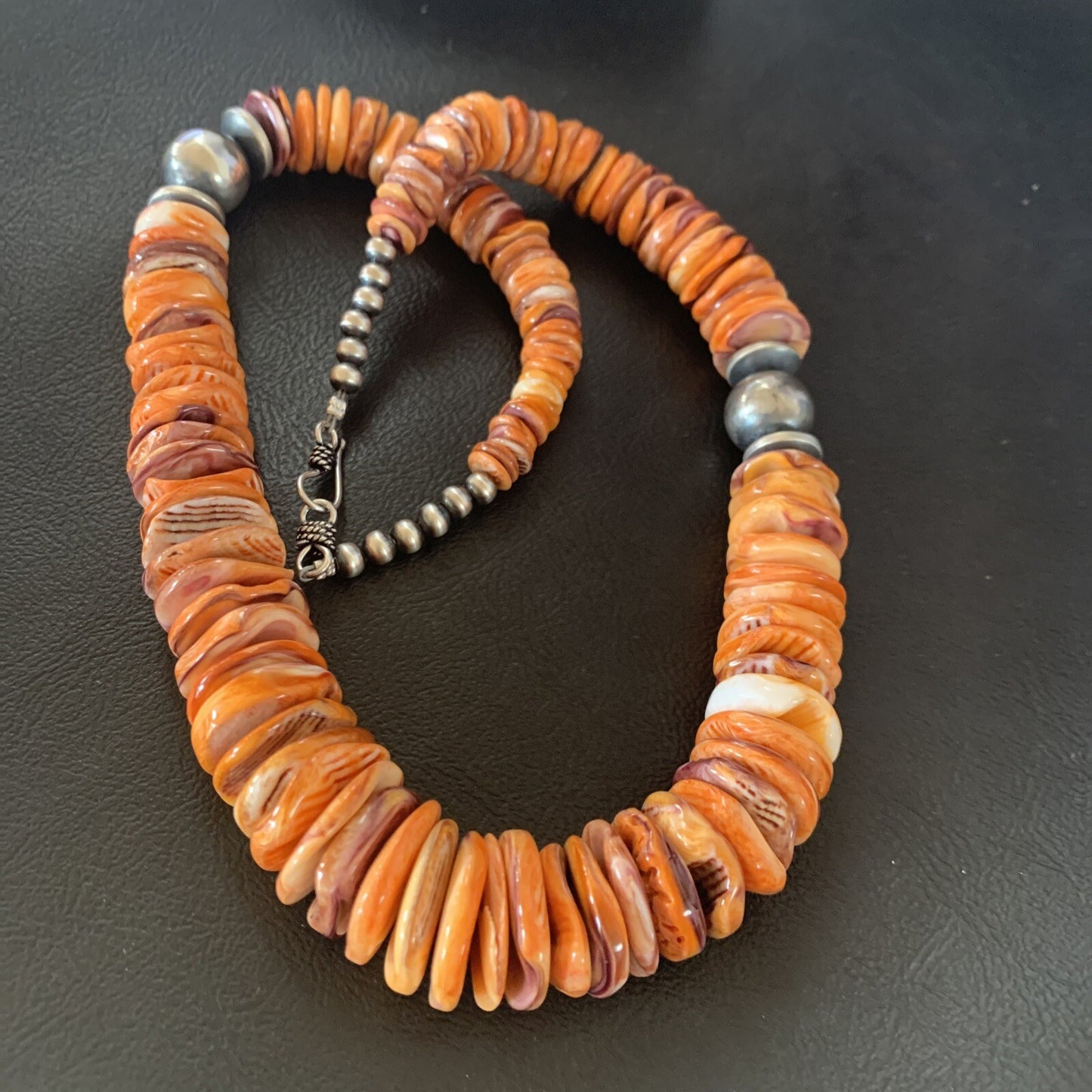 Orange Purple Spiny Oyster Navajo Pearls Sterling Silver Necklace 21" 12736