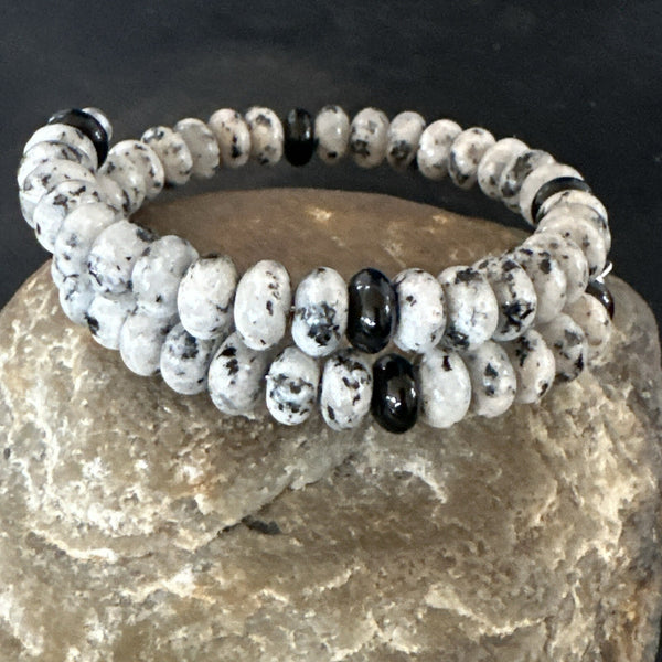 Men's Memory Wire Stainless Steel Black Onyx White Jasper 8mm Bead Bracelet | Authentic Native American Handmade | 17708