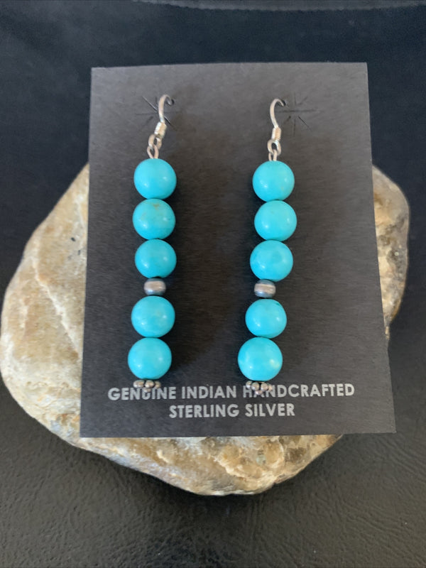 Blue Turquoise Earrings Bead 2" | Sterling Silver | Authentic Native American Handmade | 13046