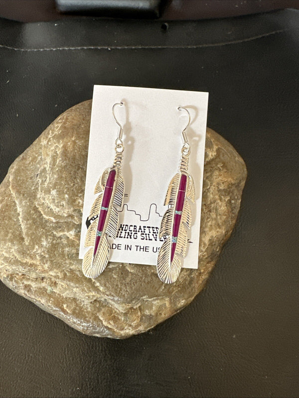 Purple Sugilite Opal Handmade Inlay Feather Earrings | Sterling Silver | Authentic Native American Handmade | 18694