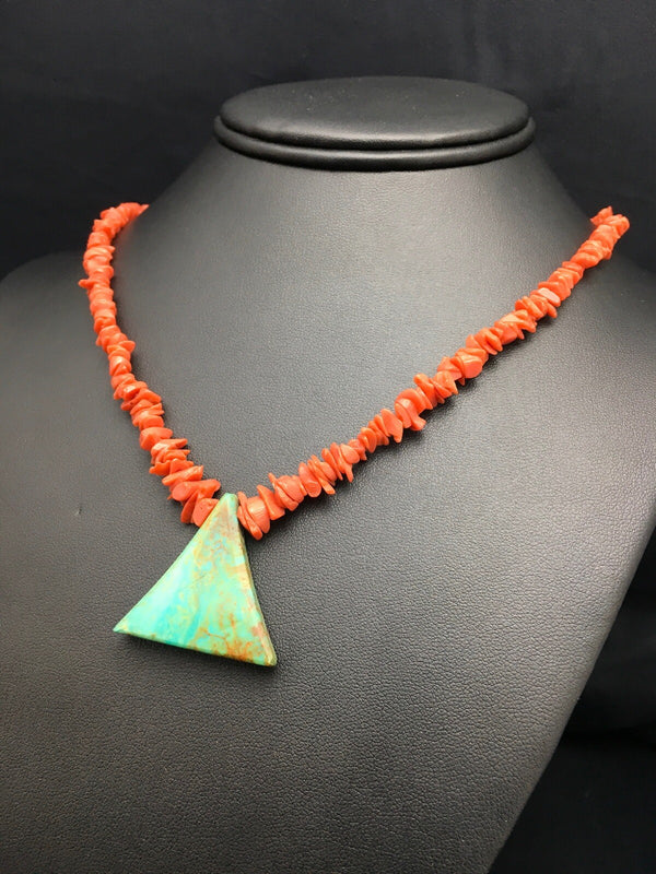 Kingman Turquoise Pendant Coral Brass Old Pawn Necklace 19" | Authentic Native American Handmade | 04029