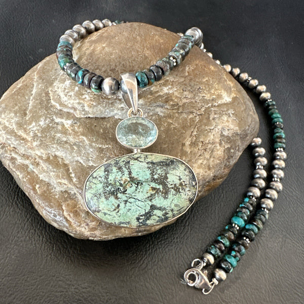 Men's Blue Spiderweb Turquoise Pendant Navajo Necklace | Sterling Silver | Authentic Native American Handmade | 18067