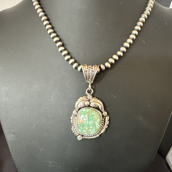 Women's Navajo Green Royston Turquoise Necklace Pendant | Sterling Silver | Authentic Native American Handmade | 19365
