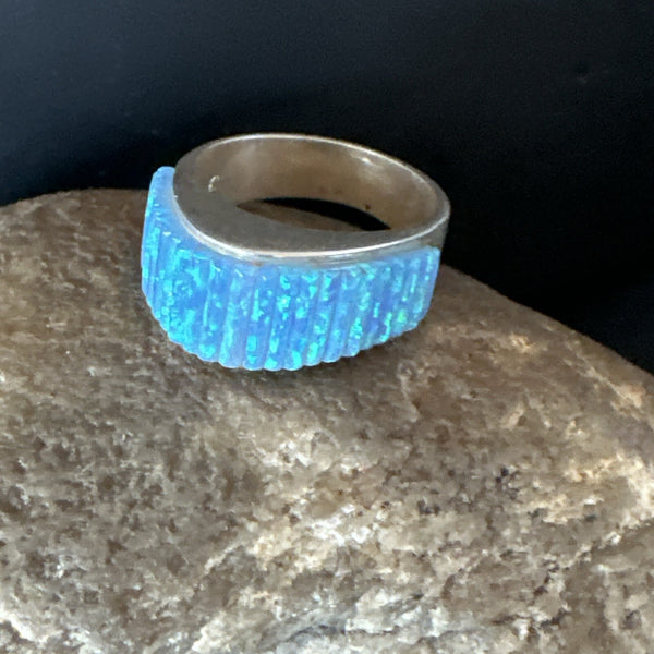 Blue Opal Navajo Band Inlay Ring Size7 | Sterling Silver | Authentic Native American Handmade | 18799