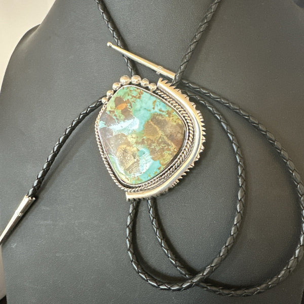 Men's Blue Green Royston Turquoise Bolo Tie Navajo | Sterling Silver | Authentic Native American Handmade | 19752