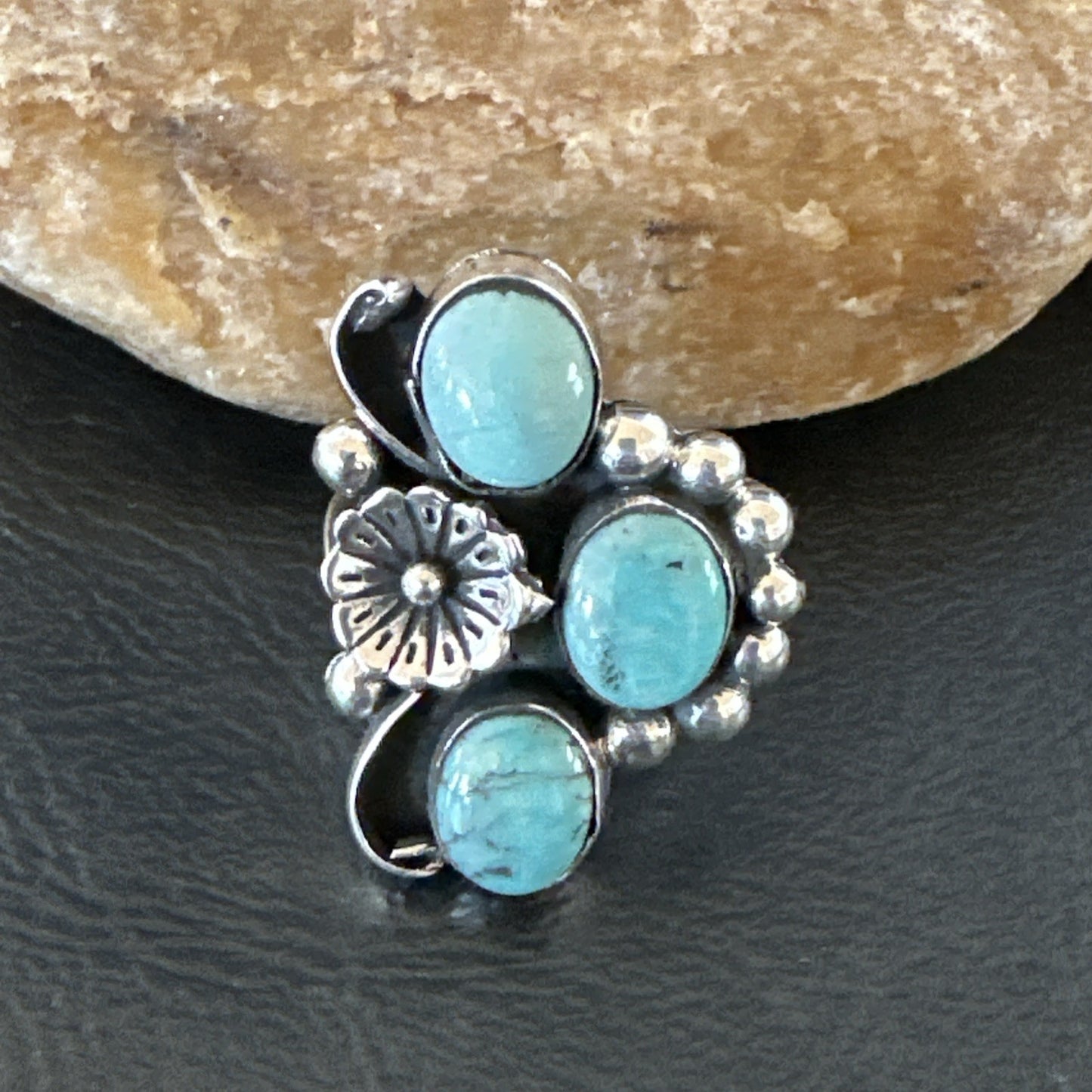 Yazzie Ring Blue Turquoise Navajo Sterling Silver Cluster Size 9 19217