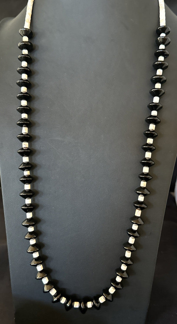 NAVAJO Black Onyx Pink Shell Silver Necklace 34" | Sterling Silver | Authentic Native American Handmade | 19578