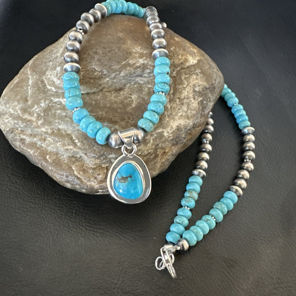 Women's Blue Kingman Turquoise Pendant Navajo Necklace 21" | Sterling Silver | Authentic Native American Handmade | 17977