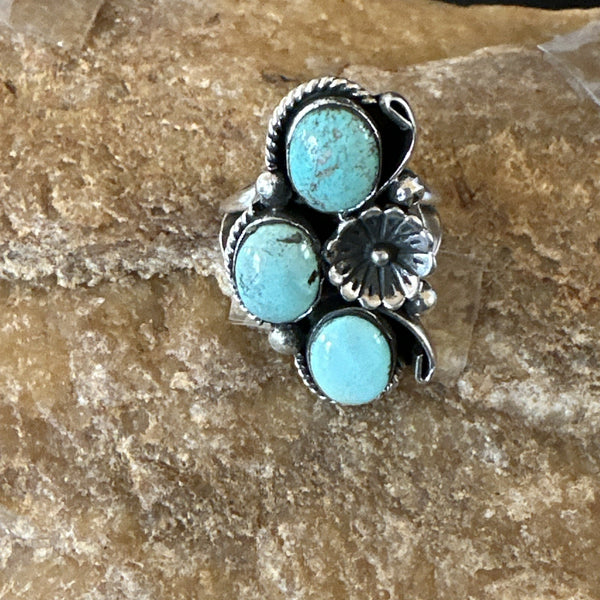 Yazzie Ring Blue Turquoise Navajo Cluster Size 10 | Sterling Silver | Authentic Native American Handmade | 19218