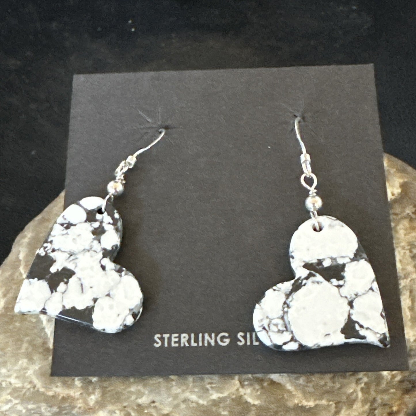 Heart Navajo Slab White Buffalo Turquoise Sterling Silver Earrings 17879