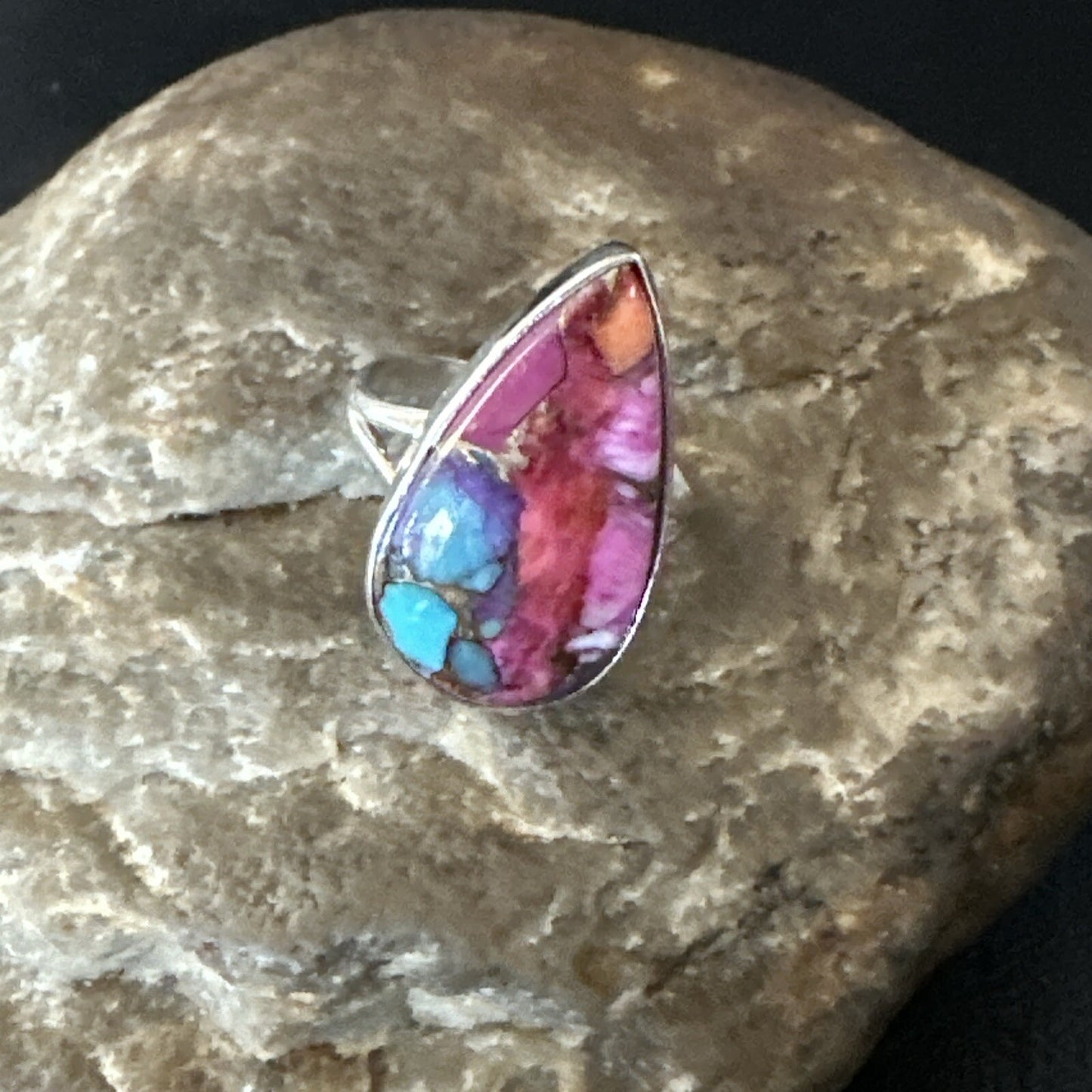 Blue Turquoise Spiny Oyster Southwestern Sterling Silver Ring Size 7 18423