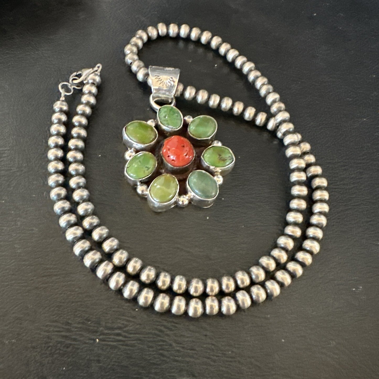 Navajo Sterling Cluster Red Turquoise Pendant Necklace 17711