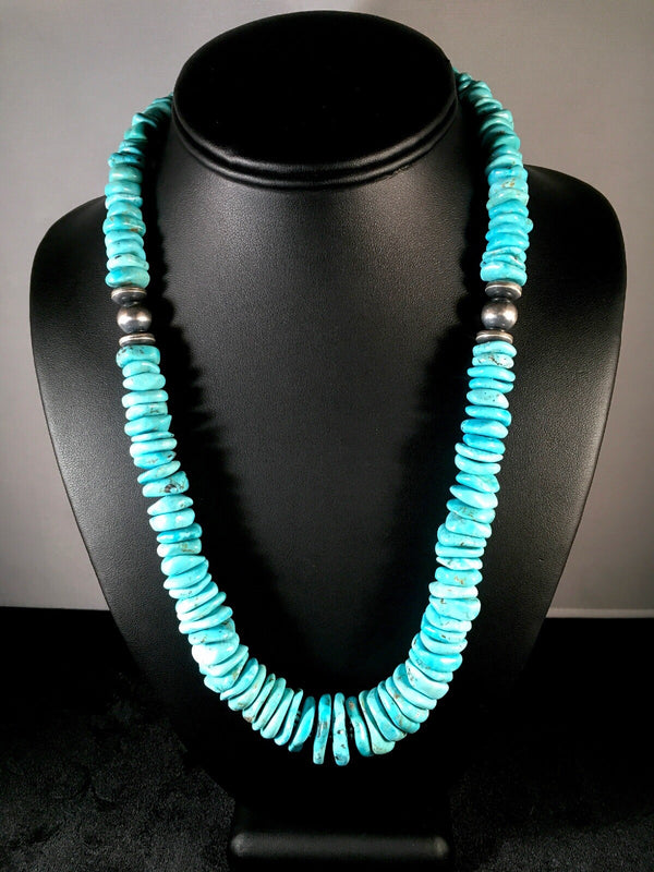 Navajo Blue Turquoise Necklace 21" | Sterling Silver | Authentic Native American Handmade | 10078