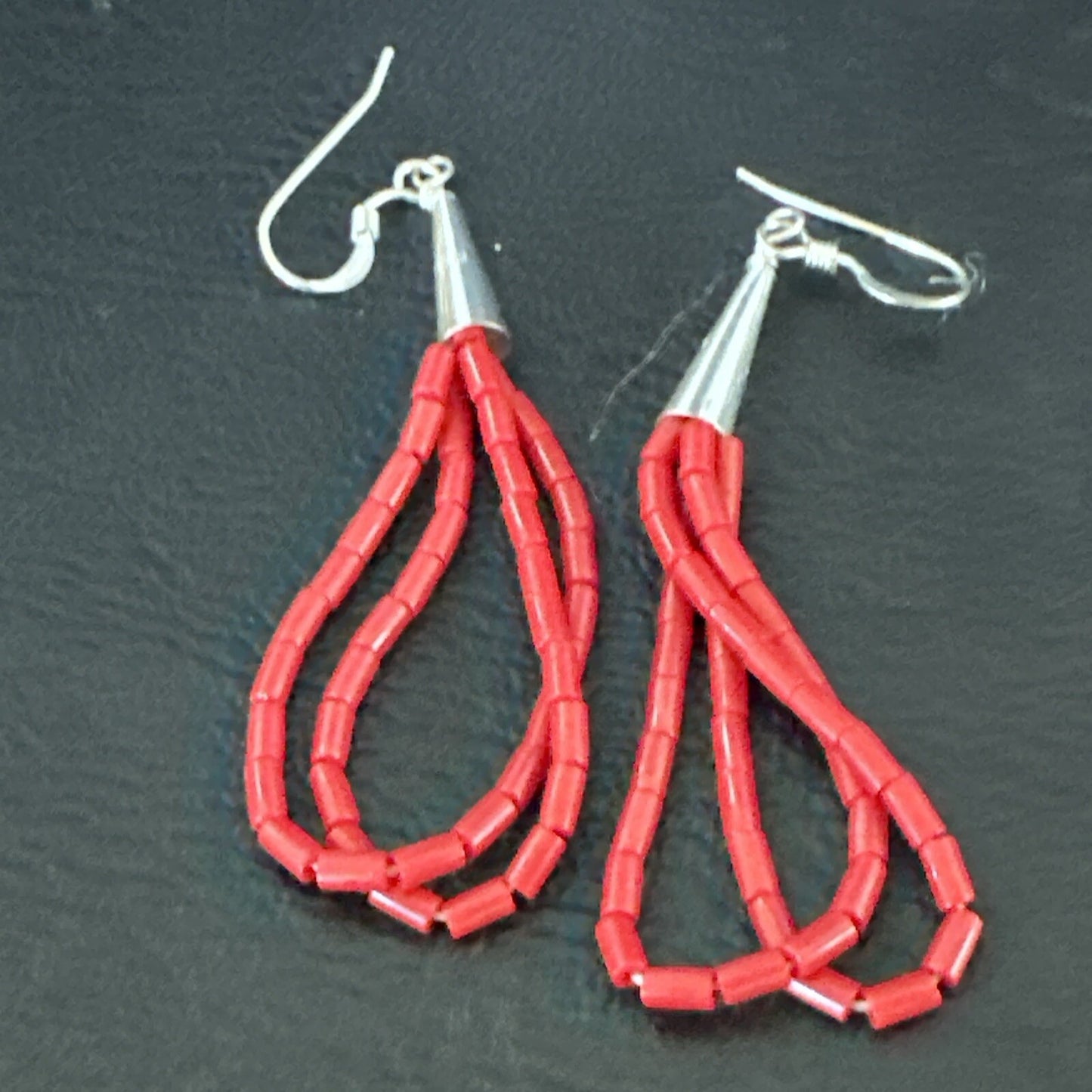 Native Red Coral Heishi Tube Liquid Sterling Silver Dangle Earrings 2" 4394