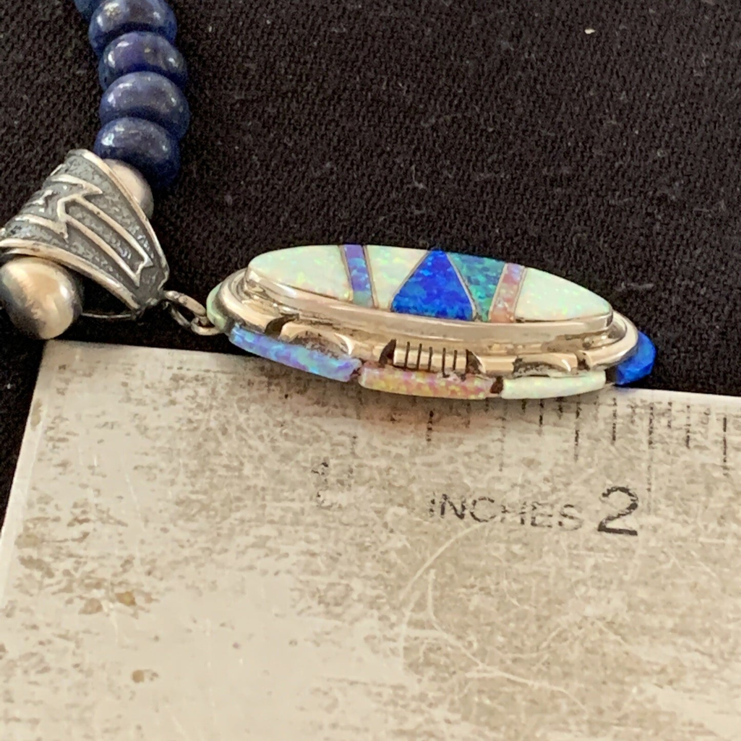 Navajo Sterling Silver Necklace Lapis Opal Pendant Native American 19491