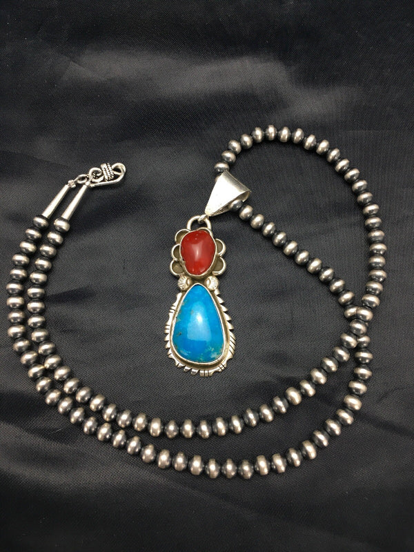 Turquoise Coral Pendant Navajo Necklace | Sterling Silver | Authentic Native American Handmade | 02580