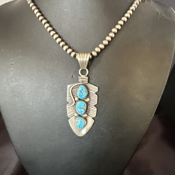 Men's Feather Kingman Turquoise Pendant Navajo Necklace | Sterling Silver | Authentic Native American Handmade | 17783