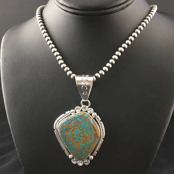 Blue Turquoise#8 Pendant Navajo Pearls Necklace | Sterling Silver | Authentic Native American Handmade | 17960
