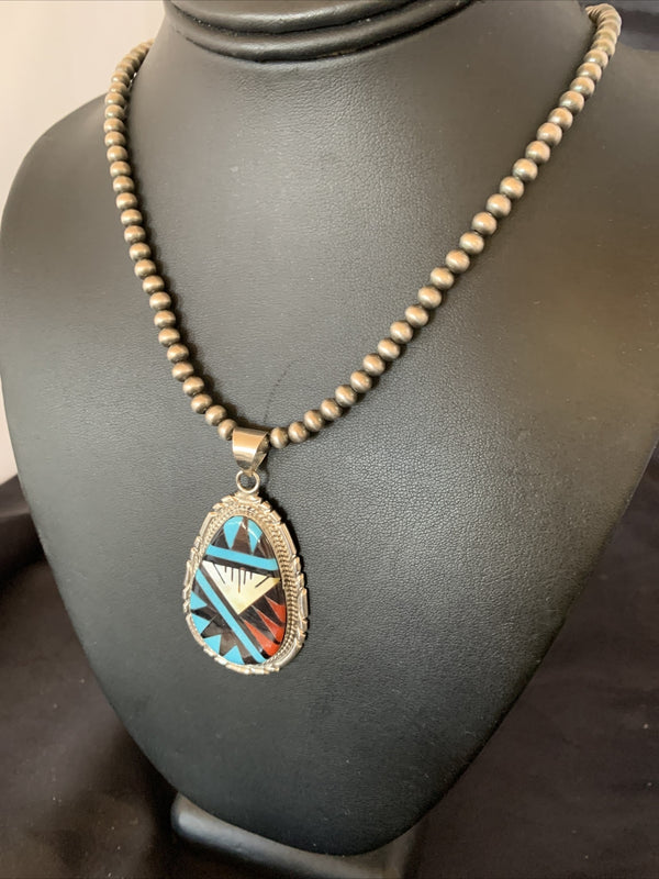 Turquoise Mother Of Pearl Coral Onyx Pendant Zuni Necklace | Sterling Silver | Authentic Native American Handmade | 12260