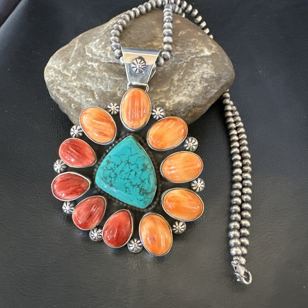 XL Turquoise Orange Spiny Cluster Pendant Navajo Necklace | Sterling Silver | Authentic Native American Handmade | 18400