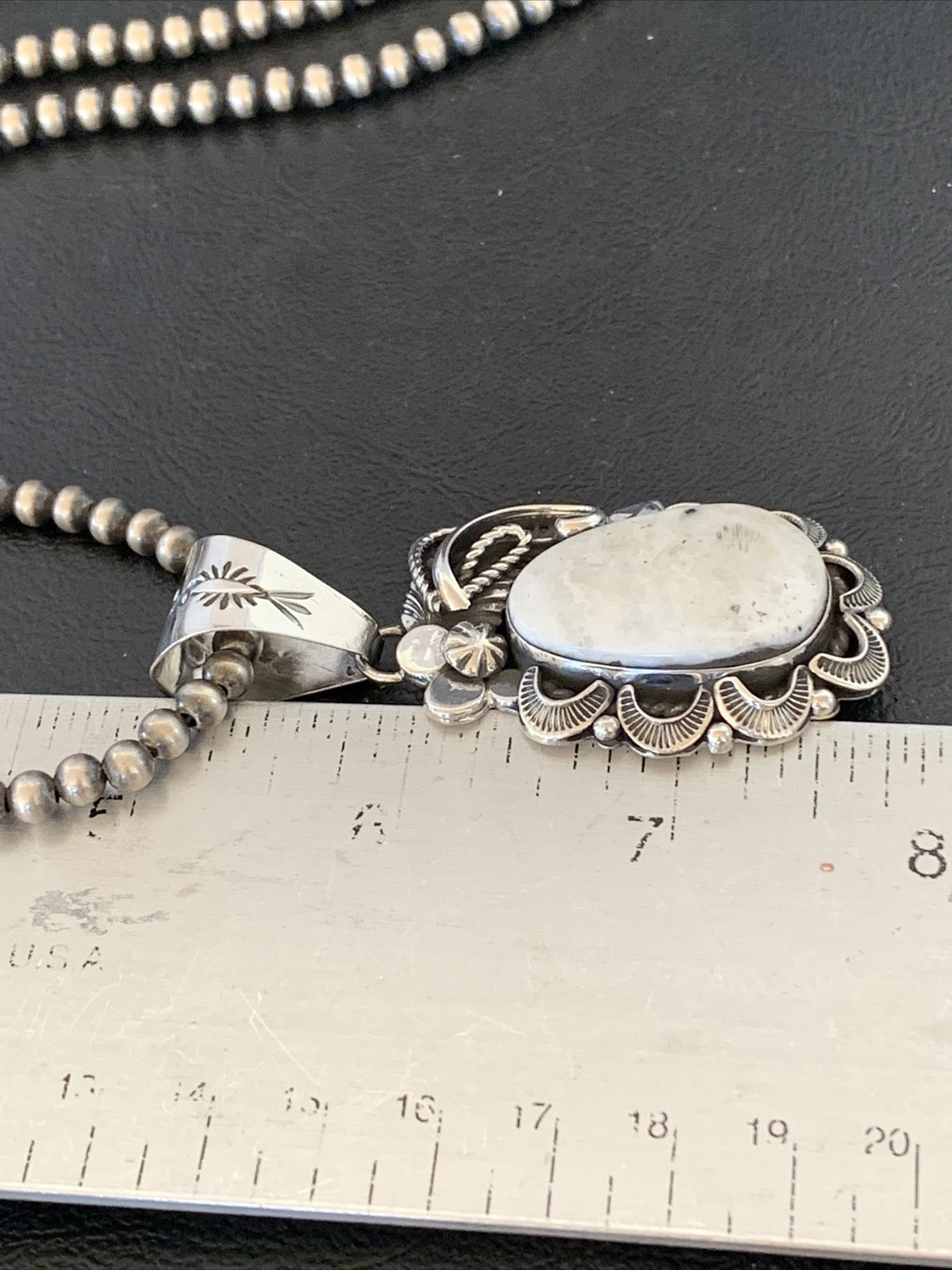 White Buffalo Turquoise Pendant Navajo Pearls Sterling Silver Necklace 10945