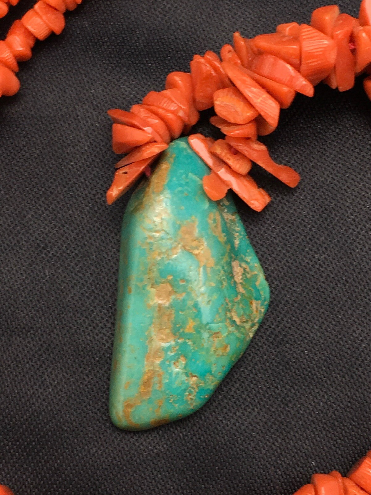 Native American Turquoise Pendant Coral Brass Old Pawn Necklace 19" 04006