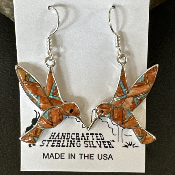 Orange Spiny Oyster Opal Hummingbird Dangle Earrings | Sterling Silver | Authentic Native American Handmade | 19133