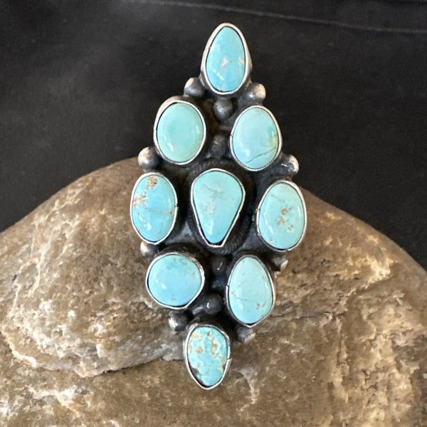 Navajo Cluster Blue Turquoise 9 Stone Ring Sz 9 | Sterling Silver | Authentic Native American Handmade | 18600