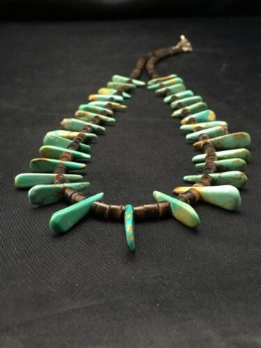 Navajo Green Turquoise & Bone Bead Necklace Sterling Silver 20" 4359