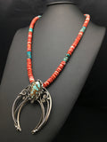 Turquoise #8 Pendant Spiny Oyster Navajo Necklace 24" | Sterling Silver | Authentic Native American Handmade | 04062