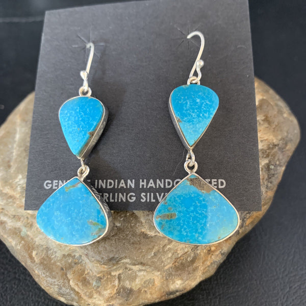 Kingman Turquoise Navajo Dangle Earrings 1.5" | Sterling Silver | Authentic Native American Handmade | 14013