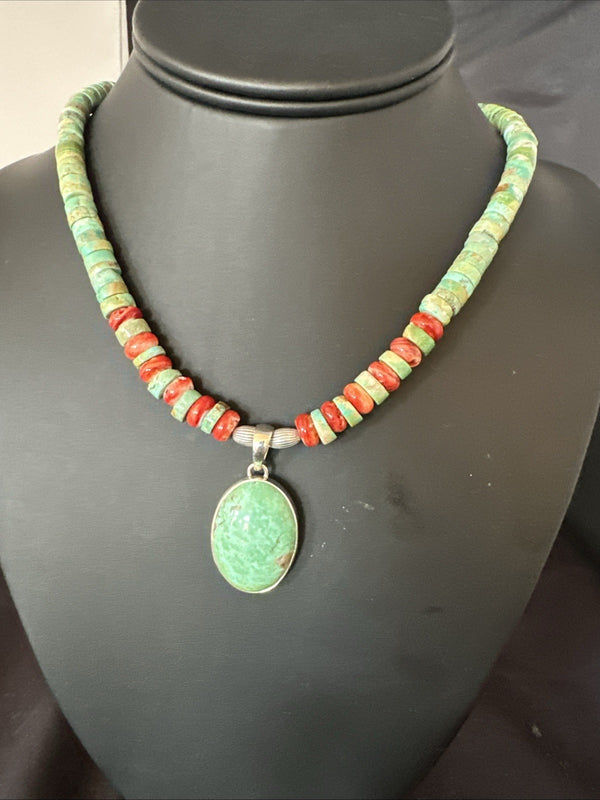 Green Turquoise Pendant Spiny Navajo Heishi Necklace 21" | Sterling Silver | Authentic Native American Handmade | 19204